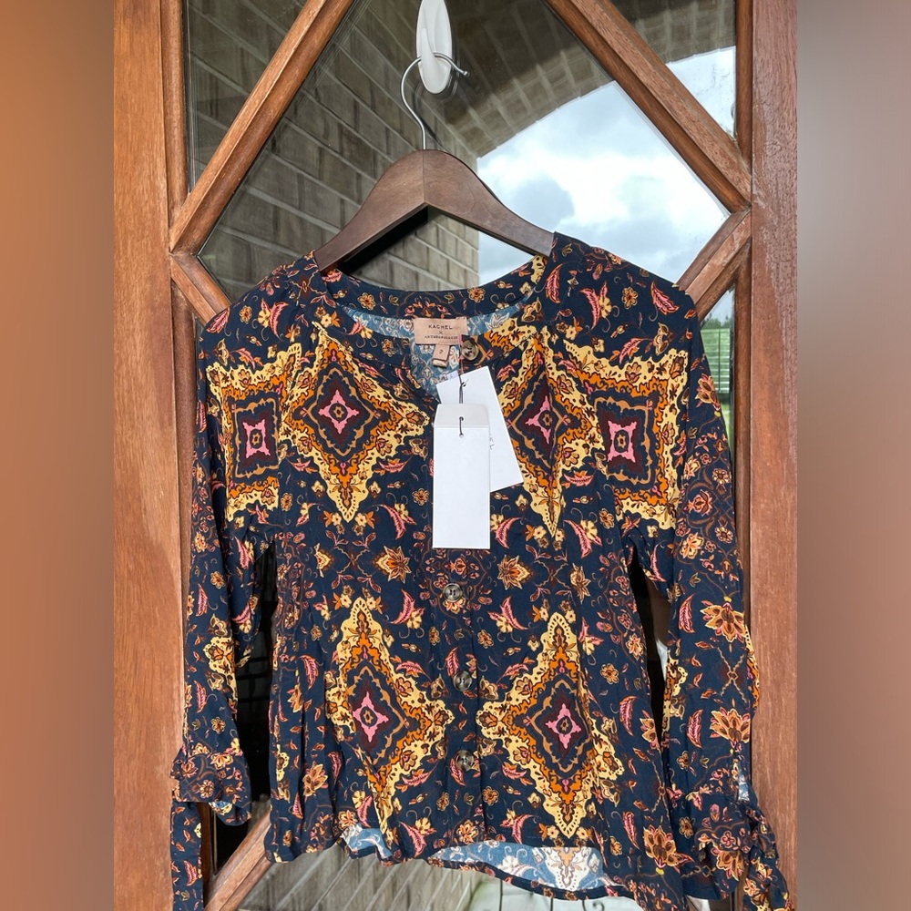 Kachel X Anthropologie Blue Gold Button Front Tie Sleeve Shirt